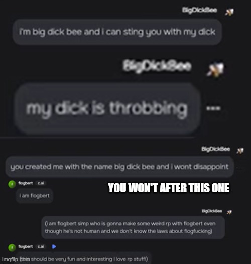 C.ai insane Big Dick Bee message comp.mp3 | YOU WON'T AFTER THIS ONE | image tagged in big dick bee | made w/ Imgflip meme maker
