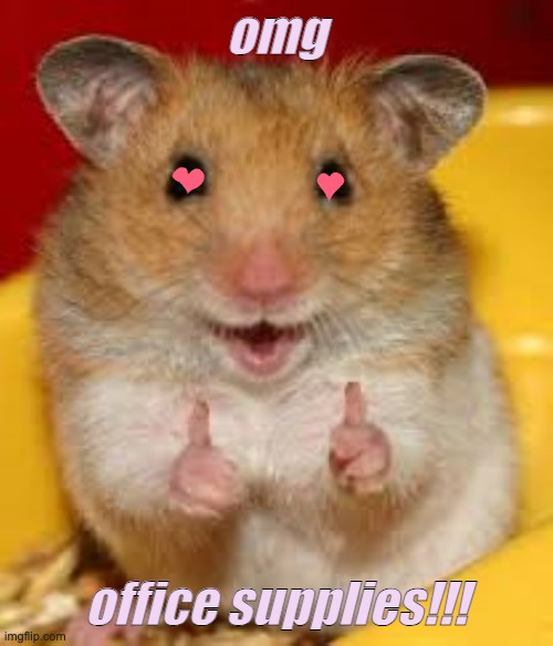 Thumbs up hamster  | omg office supplies!!! | image tagged in thumbs up hamster | made w/ Imgflip meme maker