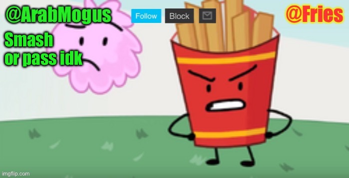 ArabMogus and Fries shared temp | Smash or pass idk | image tagged in arabmogus and fries shared temp | made w/ Imgflip meme maker