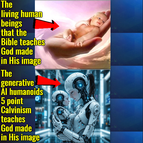 Living Creatures Not Generative AI | The living human beings that the Bible teaches God made in His image; The generative AI humanoids 5 point Calvinism teaches God made in His image | image tagged in calvinism,arminian,molinism,reformed theology 5 point calvinists,ai robot nuanced gnostic | made w/ Imgflip meme maker
