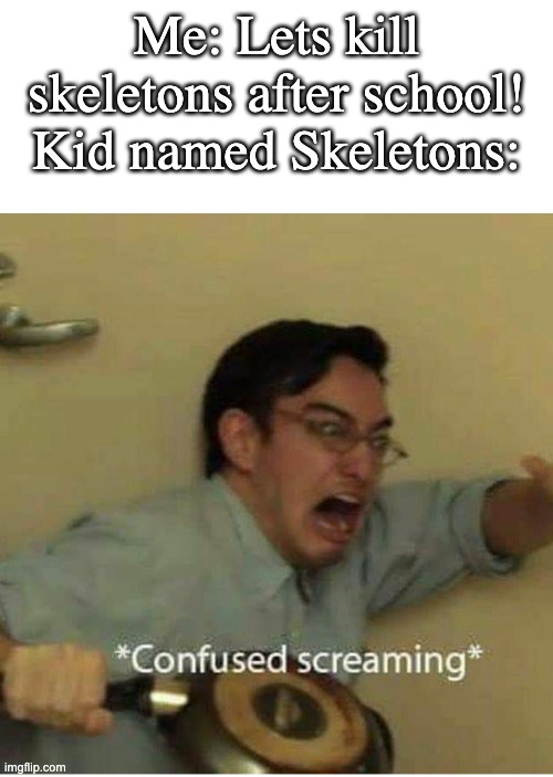 Lets: *hehe* | Me: Lets kill skeletons after school!
Kid named Skeletons: | image tagged in confused screaming,kid named,memes,skeleton,funny,kill | made w/ Imgflip meme maker
