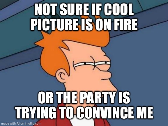 Futurama Fry | NOT SURE IF COOL PICTURE IS ON FIRE; OR THE PARTY IS TRYING TO CONVINCE ME | image tagged in memes,futurama fry | made w/ Imgflip meme maker