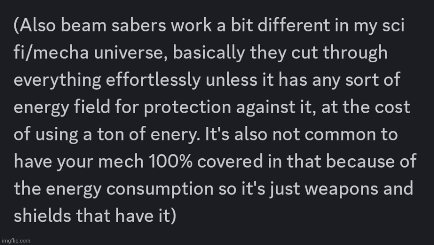 This is from brainstorming mech stuff on discord. Basically there's no armor material that can block a beam saber | made w/ Imgflip meme maker