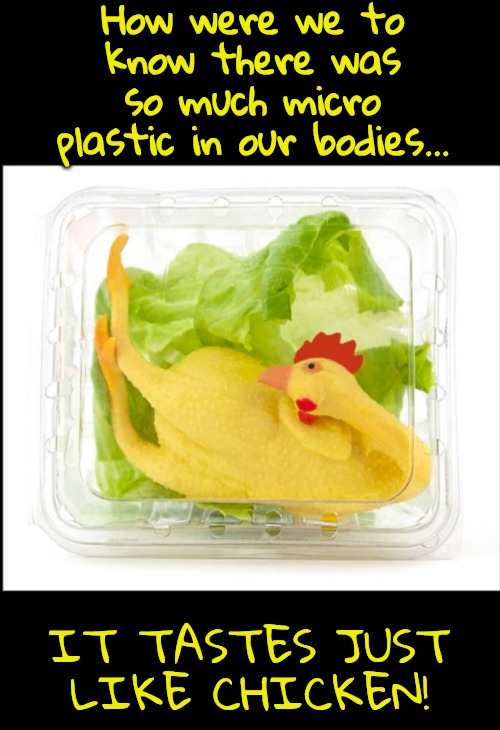Everything Tastes Just Like Chicken | How were we to know there was so much micro plastic in our bodies... IT TASTES JUST LIKE CHICKEN! | image tagged in plastic chicken joke | made w/ Imgflip meme maker