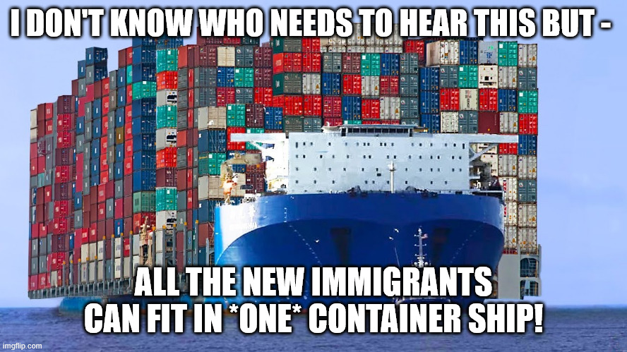 container ship immigrants | I DON'T KNOW WHO NEEDS TO HEAR THIS BUT -; ALL THE NEW IMMIGRANTS CAN FIT IN *ONE* CONTAINER SHIP! | image tagged in container ship,immigrants,muslims,europe,canada,illegal | made w/ Imgflip meme maker