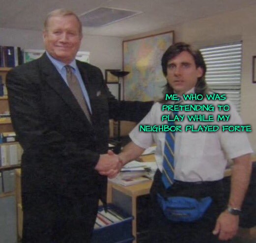 the office congratulations | ME, WHO WAS PRETENDING TO PLAY WHILE MY NEIGHBOR PLAYED FORTE | image tagged in the office congratulations | made w/ Imgflip meme maker