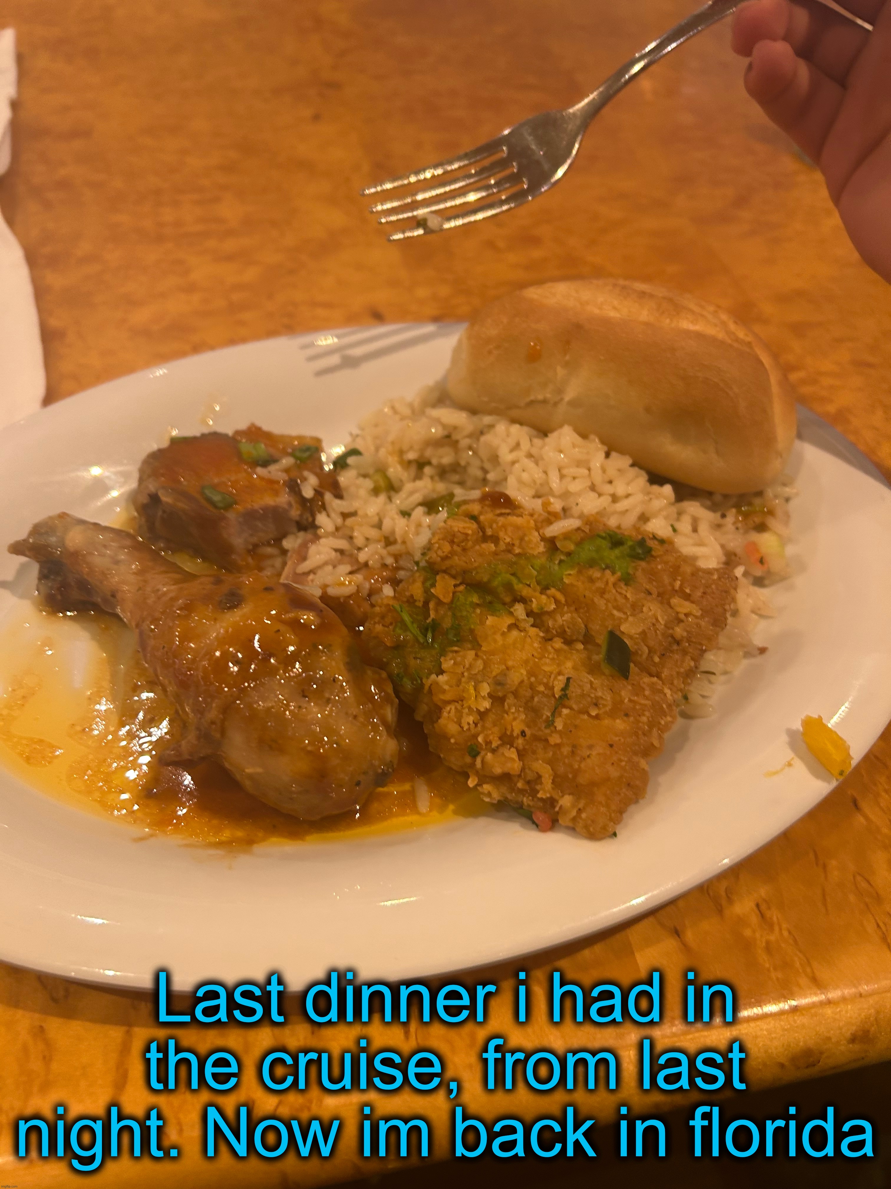Last dinner i had in the cruise, from last night. Now im back in florida | made w/ Imgflip meme maker