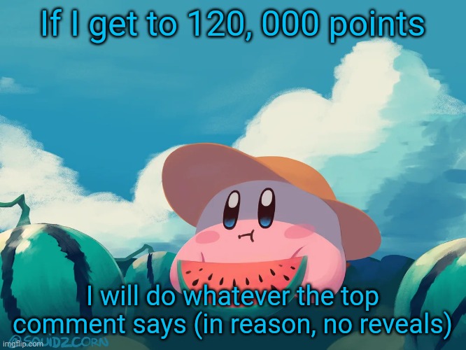 I'm going to regret this, aren't I? | If I get to 120, 000 points; I will do whatever the top comment says (in reason, no reveals) | image tagged in cantaloupe kirby | made w/ Imgflip meme maker