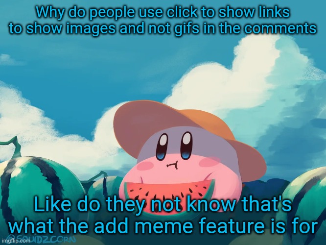 idiot | Why do people use click to show links to show images and not gifs in the comments; Like do they not know that's what the add meme feature is for | image tagged in cantaloupe kirby | made w/ Imgflip meme maker