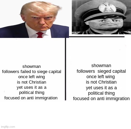 comparison table | showman
followers failed to siege capital
once left wing
is not Christian yet uses it as a political thing
focused on anti immigration; showman
followers  sieged capital
once left wing 
is not Christian yet uses it as a political thing
focused on anti immigration | image tagged in comparison table | made w/ Imgflip meme maker