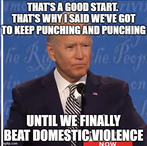 Joe Biden | THAT'S A GOOD START.  THAT'S WHY I SAID WE'VE GOT TO KEEP PUNCHING AND PUNCHING UNTIL WE FINALLY BEAT DOMESTIC VIOLENCE | image tagged in joe biden | made w/ Imgflip meme maker