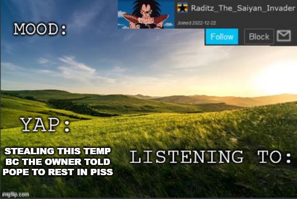 temp raditz | STEALING THIS TEMP BC THE OWNER TOLD POPE TO REST IN PISS | image tagged in temp raditz | made w/ Imgflip meme maker