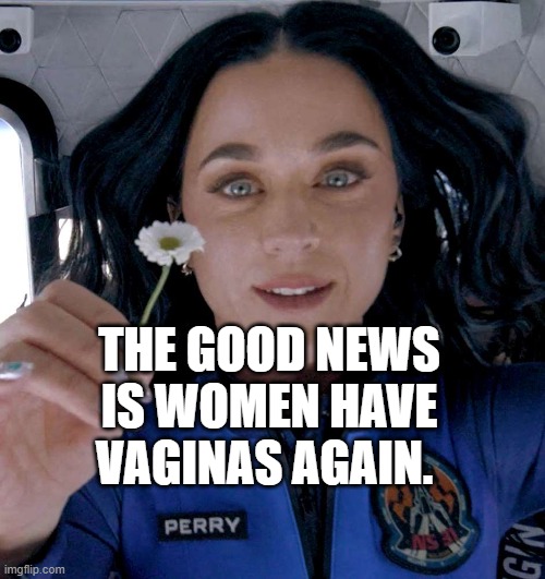 Katy Perry in space | THE GOOD NEWS IS WOMEN HAVE VAGINAS AGAIN. | image tagged in katy perry in space | made w/ Imgflip meme maker