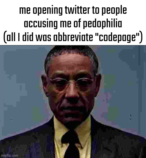 me opening twitter to people accusing me of pedophilia (all I did was abbreviate "codepage") | made w/ Imgflip meme maker