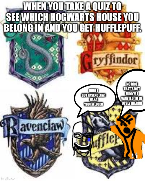 The Hogwarts Houses | WHEN YOU TAKE A QUIZ TO SEE WHICH HOGWARTS HOUSE YOU BELONG IN AND YOU GET HUFFLEPUFF. NO BRO THAT'S NOT FUNNY! I WANTED TO BE IN SLYTHERIN! DUDE I GOT RAVENCLAW! HAHA YOUR A LOSER | image tagged in the hogwarts houses | made w/ Imgflip meme maker