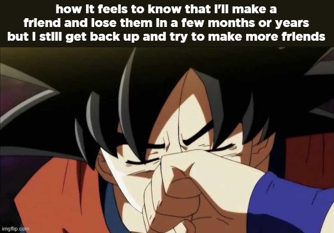 goku crying | how it feels to know that i'll make a friend and lose them in a few months or years but I still get back up and try to make more friends | image tagged in goku crying | made w/ Imgflip meme maker