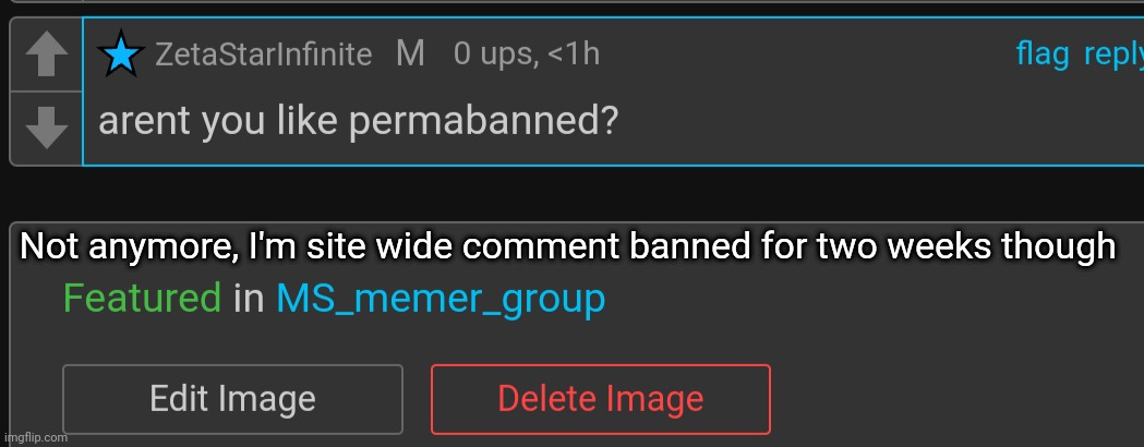 All because I was insulting nat </3 | Not anymore, I'm site wide comment banned for two weeks though | made w/ Imgflip meme maker