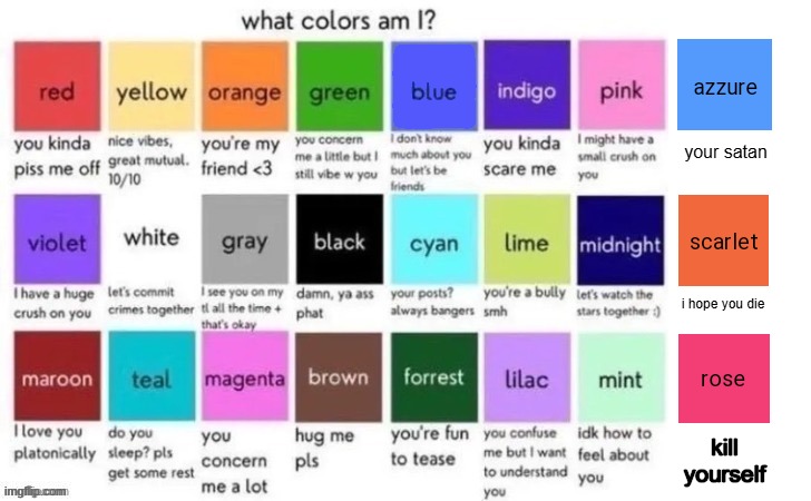 What colors am I extended | your satan; i hope you die; kill yourself | image tagged in what colors am i extended | made w/ Imgflip meme maker