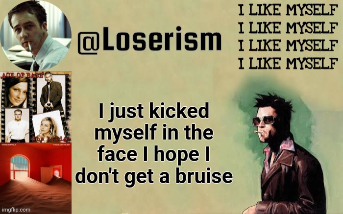 Loserism | I just kicked myself in the face I hope I don't get a bruise | image tagged in loserism | made w/ Imgflip meme maker