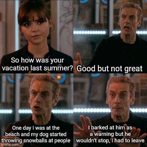 Depends on the Context | Good but not great; So how was your vacation last summer? I barked at him as a warning but he wouldn't stop, I had to leave; One day I was at the beach and my dog started throwing snowballs at people | image tagged in depends on the context | made w/ Imgflip meme maker
