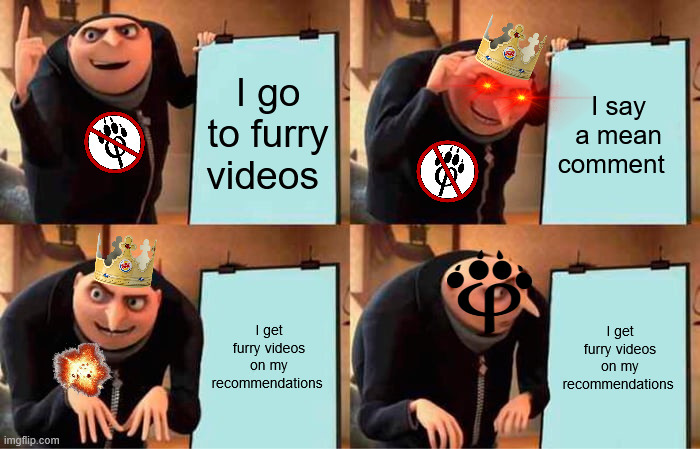 Gru's Plan Meme | I go to furry videos; I say a mean comment; I get furry videos on my recommendations; I get furry videos on my recommendations | image tagged in memes,gru's plan | made w/ Imgflip meme maker