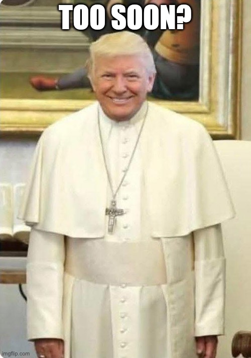 Pope Trump | TOO SOON? | image tagged in pope,donald trump,trump,djt,vatican | made w/ Imgflip meme maker