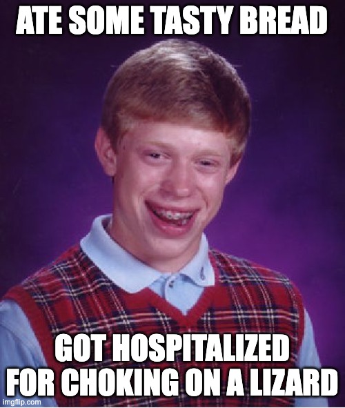 Bad Luck Brian Meme | ATE SOME TASTY BREAD GOT HOSPITALIZED FOR CHOKING ON A LIZARD | image tagged in memes,bad luck brian | made w/ Imgflip meme maker