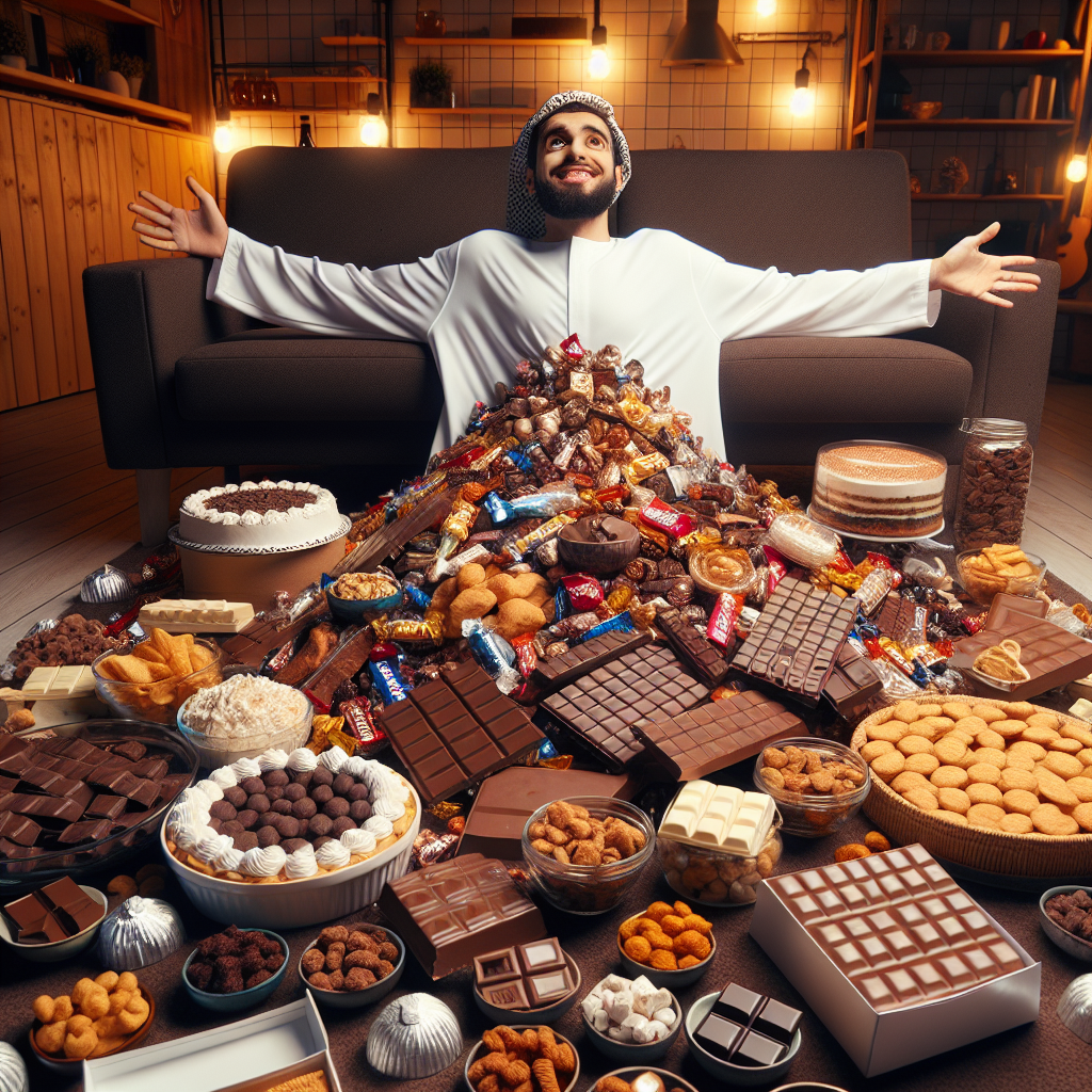 Someone sits in the middle of the room with a tons of chocolate, Blank Meme Template