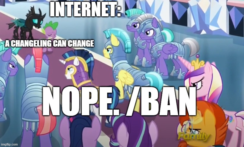 if ponies were on twitter | INTERNET:; A CHANGELING CAN CHANGE; NOPE. /BAN | image tagged in twitter,memes,relatable memes | made w/ Imgflip meme maker