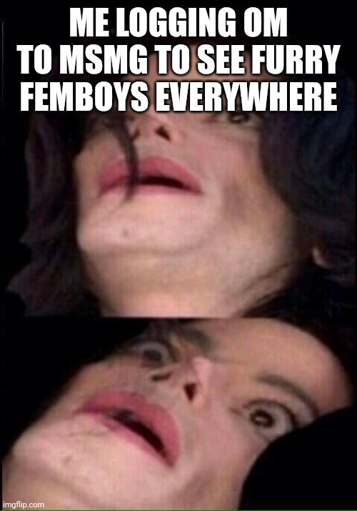 Halp | ME LOGGING OM TO MSMG TO SEE FURRY FEMBOYS EVERYWHERE | image tagged in sudden realization mj | made w/ Imgflip meme maker