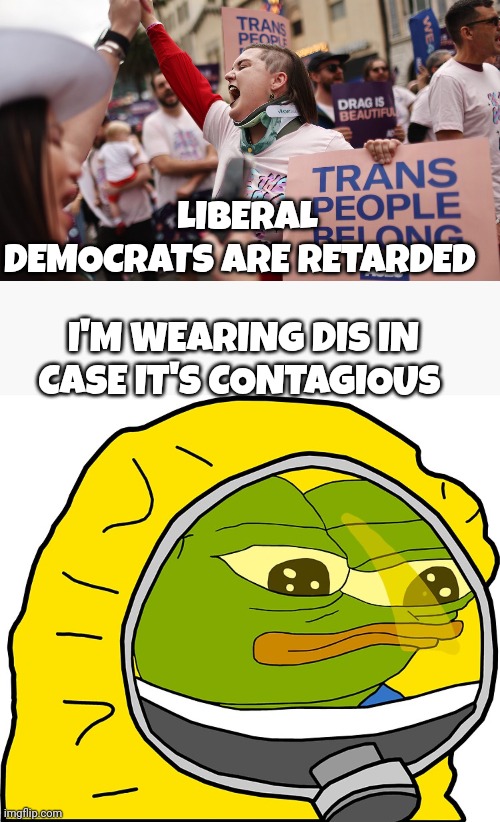 liberal memes | LIBERAL DEMOCRATS ARE RETARDED; I'M WEARING DIS IN CASE IT'S CONTAGIOUS | image tagged in apu | made w/ Imgflip meme maker
