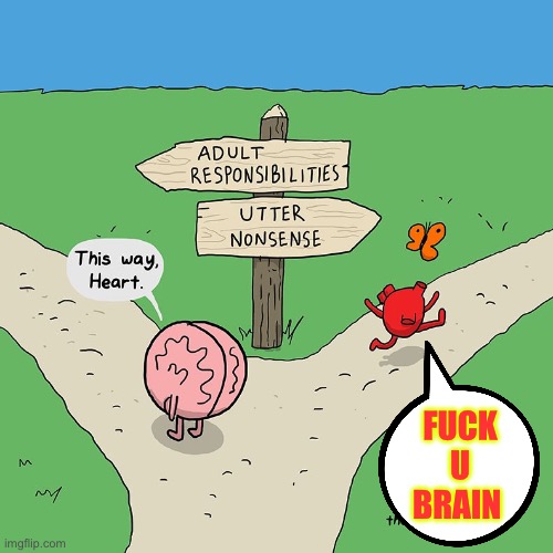TELL ME ABOUT IT !!!  : ) | FUCK 
U
BRAIN | image tagged in heart and brain fork | made w/ Imgflip meme maker