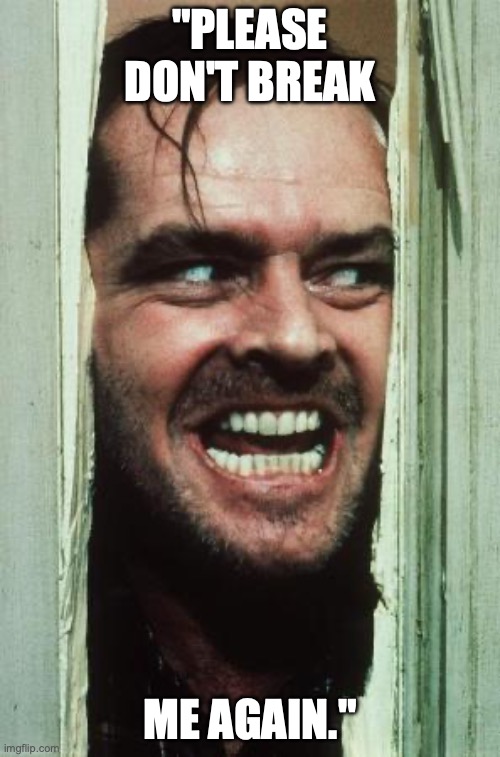 Here's Johnny | "PLEASE DON'T BREAK; ME AGAIN." | image tagged in memes,here's johnny | made w/ Imgflip meme maker