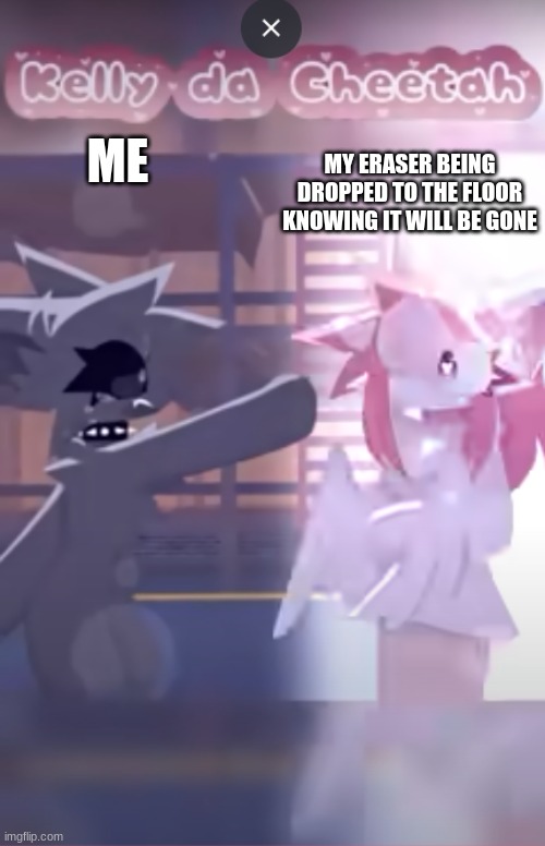 The 1st upload of this new meme template | ME; MY ERASER BEING DROPPED TO THE FLOOR KNOWING IT WILL BE GONE | image tagged in kellydacheetah luna | made w/ Imgflip meme maker