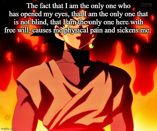Evil Goku Black | The fact that I am the only one who has opened my eyes, that I am the only one that is not blind, that I am the only one here with free will, causes me physical pain and sickens me. | image tagged in evil goku black | made w/ Imgflip meme maker