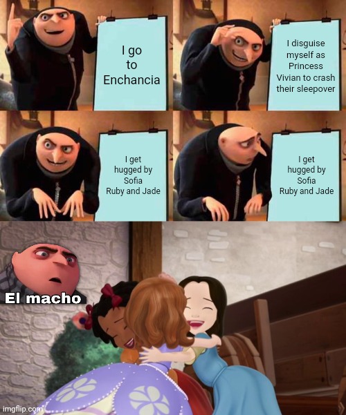 What happened to Gru when he crashed Sofia's sleepover | I go to Enchancia; I disguise myself as Princess Vivian to crash their sleepover; I get hugged by Sofia Ruby and Jade; I get hugged by Sofia Ruby and Jade | image tagged in memes,gru's plan,sofia the first,funny memes,fun,despicable me | made w/ Imgflip meme maker