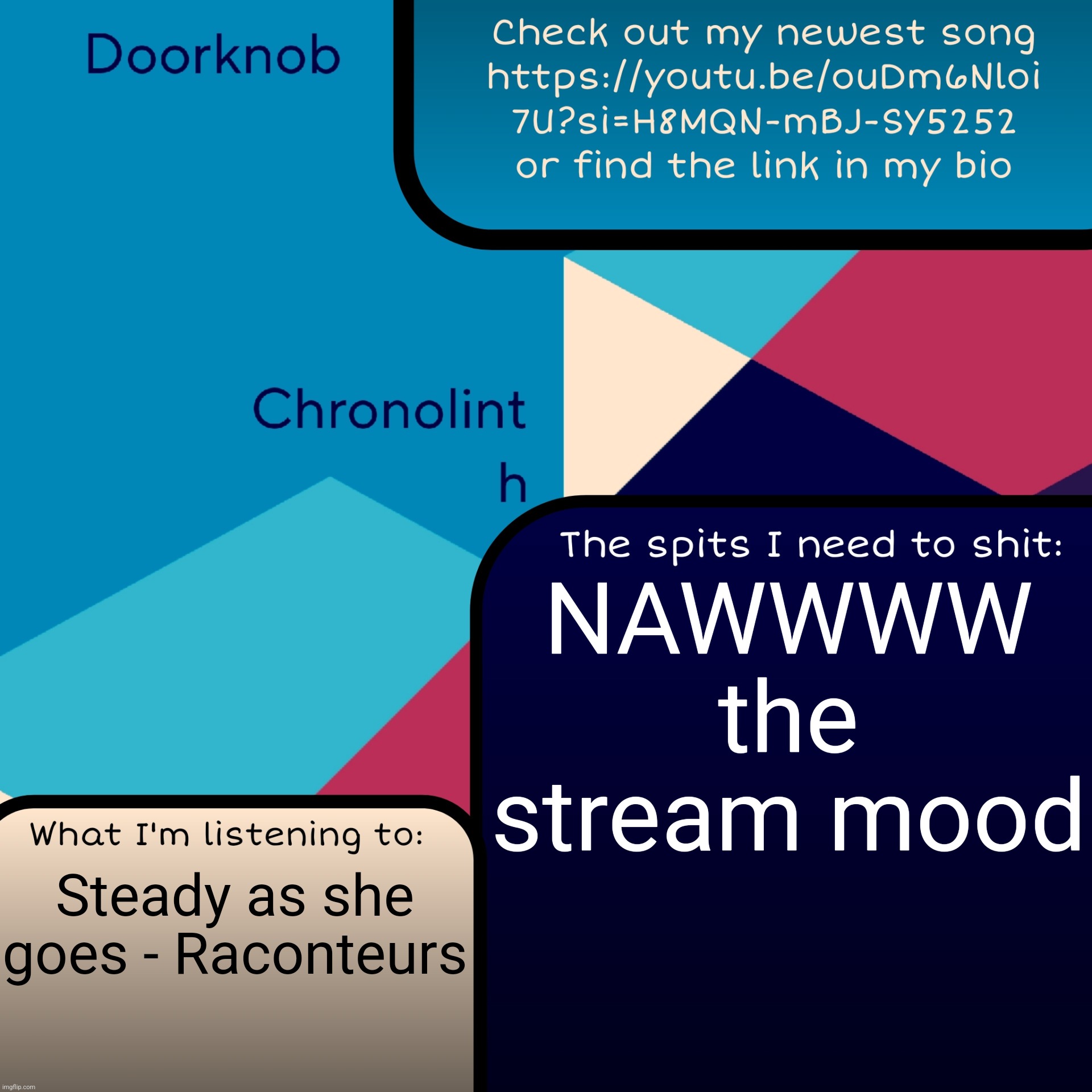 Doorknob Chronolinth temp | NAWWWW the stream mood; Steady as she goes - Raconteurs | image tagged in doorknob chronolinth temp | made w/ Imgflip meme maker