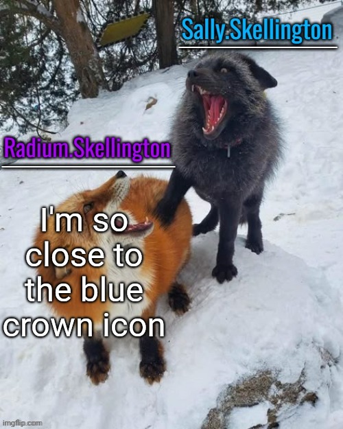 Radium and Sally temp | I'm so close to the blue crown icon | image tagged in radium and sally temp | made w/ Imgflip meme maker