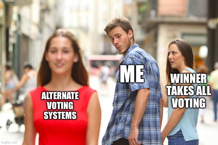 Distracted Boyfriend Meme | ME; WINNER
TAKES ALL
VOTING; ALTERNATE
VOTING
SYSTEMS | image tagged in memes,distracted boyfriend | made w/ Imgflip meme maker