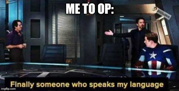 finnaly someone speaks my language | ME TO OP: | image tagged in finnaly someone speaks my language | made w/ Imgflip meme maker