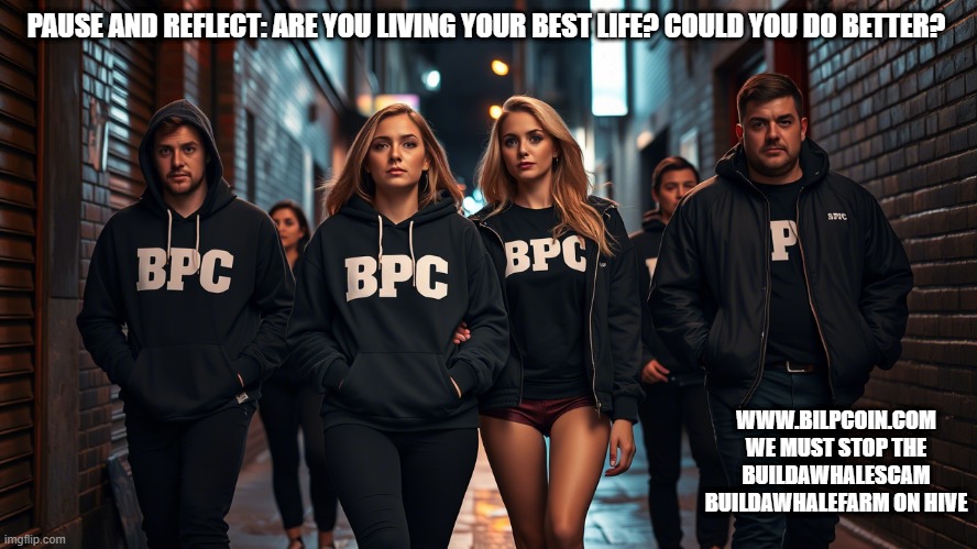 PAUSE AND REFLECT: ARE YOU LIVING YOUR BEST LIFE? COULD YOU DO BETTER? WWW.BILPCOIN.COM WE MUST STOP THE BUILDAWHALESCAM BUILDAWHALEFARM ON HIVE | made w/ Imgflip meme maker