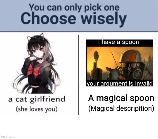 I have a spoon | A magical spoon; (Magical descripition) | image tagged in choose wisely | made w/ Imgflip meme maker