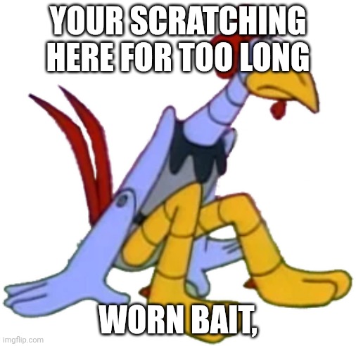 Scratch 4 (AOSTH) | YOUR SCRATCHING HERE FOR TOO LONG WORN BAIT, | image tagged in scratch 4 aosth | made w/ Imgflip meme maker