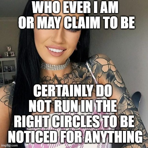so it goes | WHO EVER I AM
 OR MAY CLAIM TO BE; CERTAINLY DO 
NOT RUN IN THE 
RIGHT CIRCLES TO BE
 NOTICED FOR ANYTHING | image tagged in one of the most interesting women in the world | made w/ Imgflip meme maker