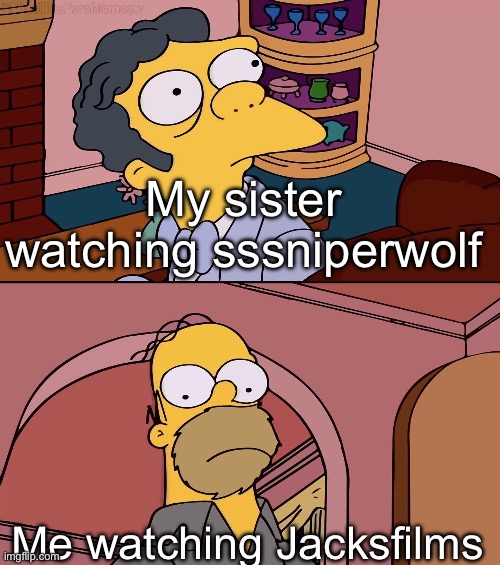 Good morning, comrades | My sister watching sssniperwolf; Me watching Jacksfilms | image tagged in homer and moe | made w/ Imgflip meme maker