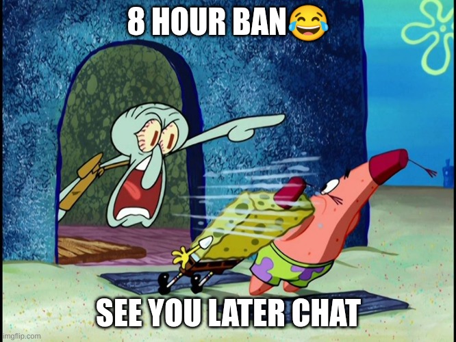 Squidward Screaming | 8 HOUR BAN😂; SEE YOU LATER CHAT | image tagged in squidward screaming | made w/ Imgflip meme maker