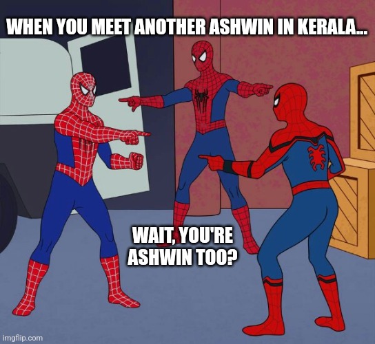 Spider Man Triple | WHEN YOU MEET ANOTHER ASHWIN IN KERALA... WAIT, YOU'RE ASHWIN TOO? | image tagged in spider man triple | made w/ Imgflip meme maker