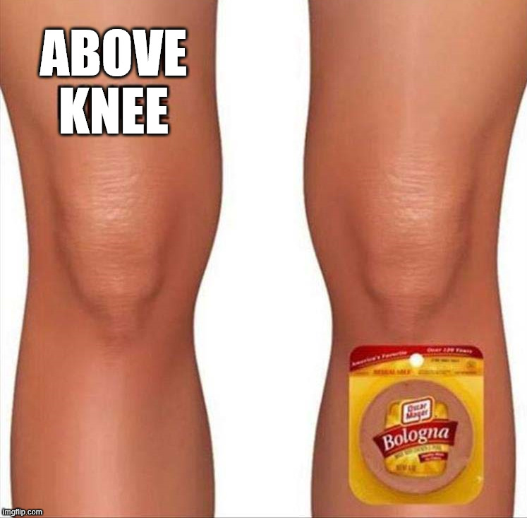 Below knee | ABOVE
KNEE | image tagged in eyeroll | made w/ Imgflip meme maker