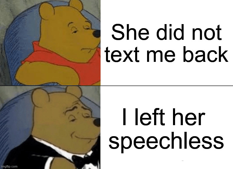 Speechless | She did not text me back; I left her 
speechless | image tagged in memes,tuxedo winnie the pooh | made w/ Imgflip meme maker