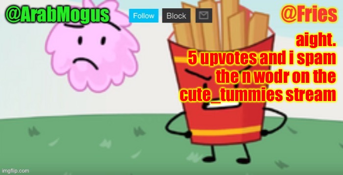 ArabMogus and Fries shared temp | aight.
5 upvotes and i spam the n wodr on the cute_tummies stream | image tagged in arabmogus and fries shared temp | made w/ Imgflip meme maker